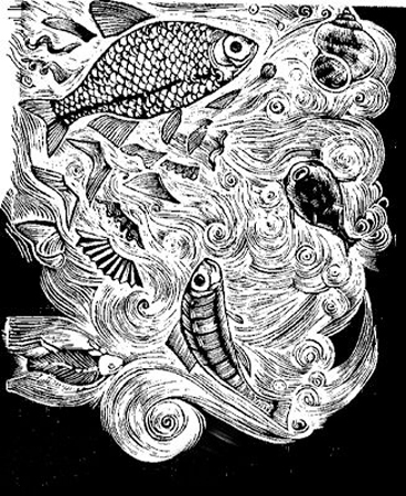 Fisk för animering, 35 x 50 cm, svartvitt linoleumsnitt på rispapper