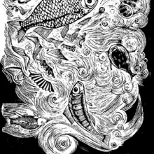 Fisk för animering, 35 x 50 cm, svartvitt linoleumsnitt på rispapper